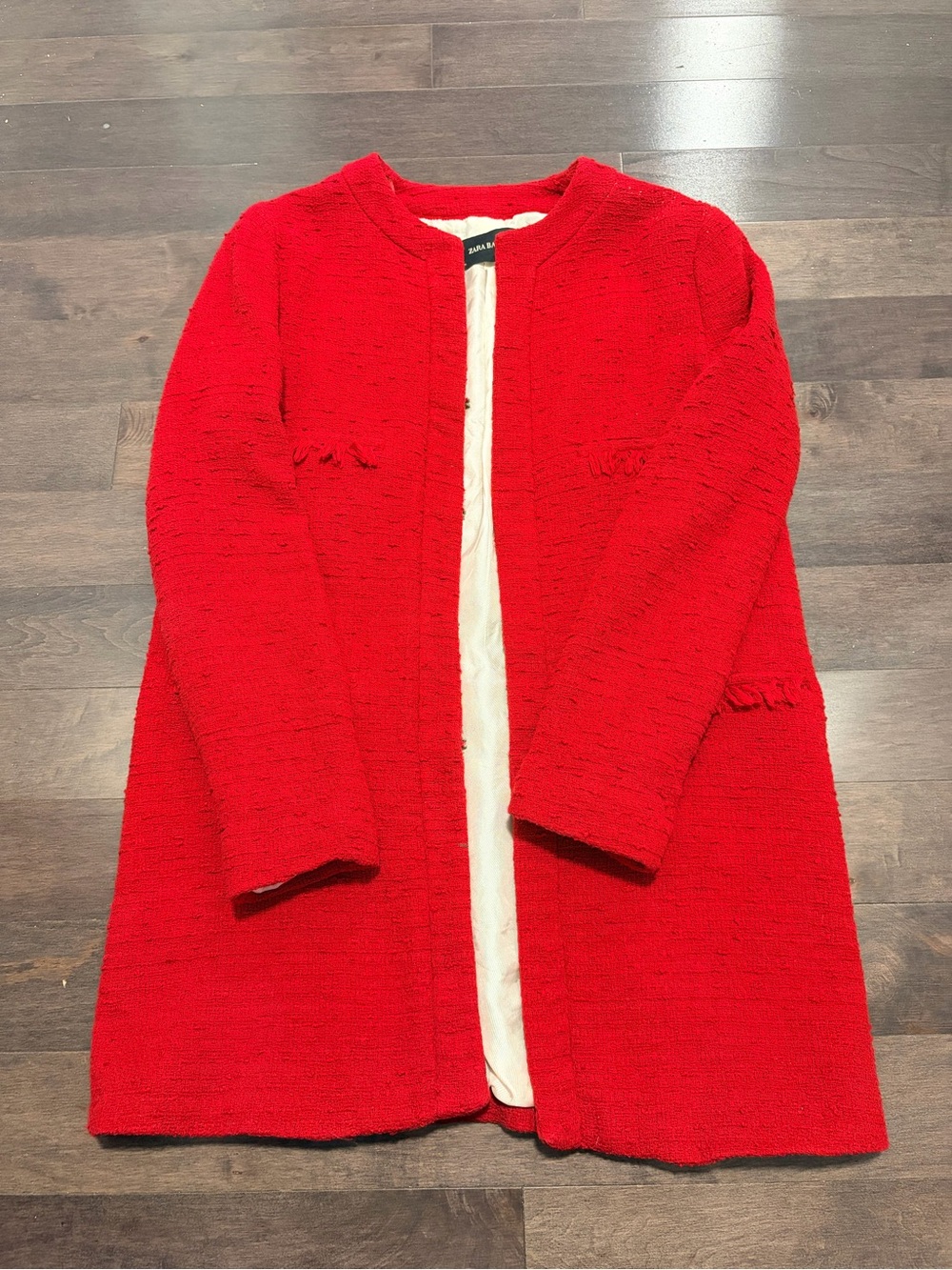 Zara Bright Red Textured Open-Front Coat